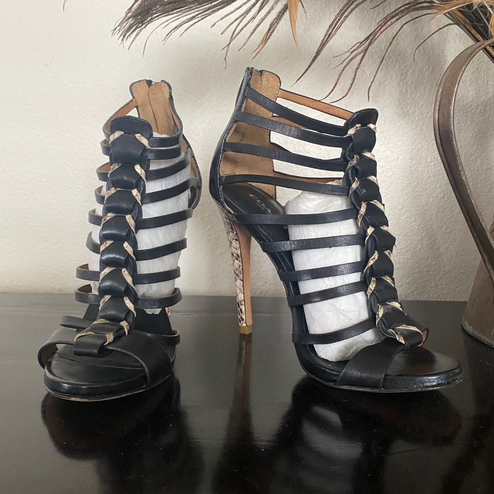 Coach caged black leather snakeskin heel
